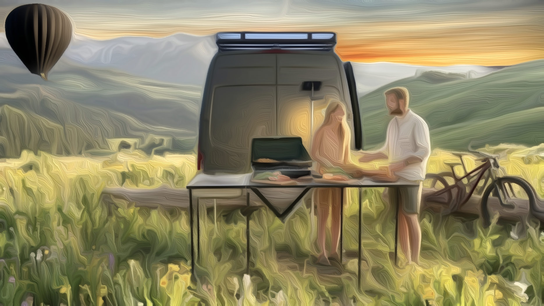 Sunset van cook with hot air balloon and mountain bikes
