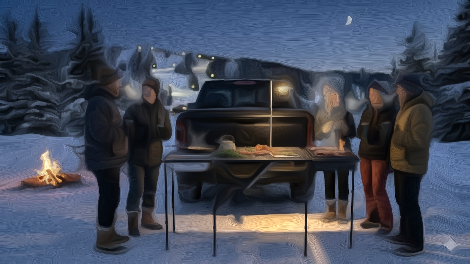 Winter group gathering around RAAK table with campfire
