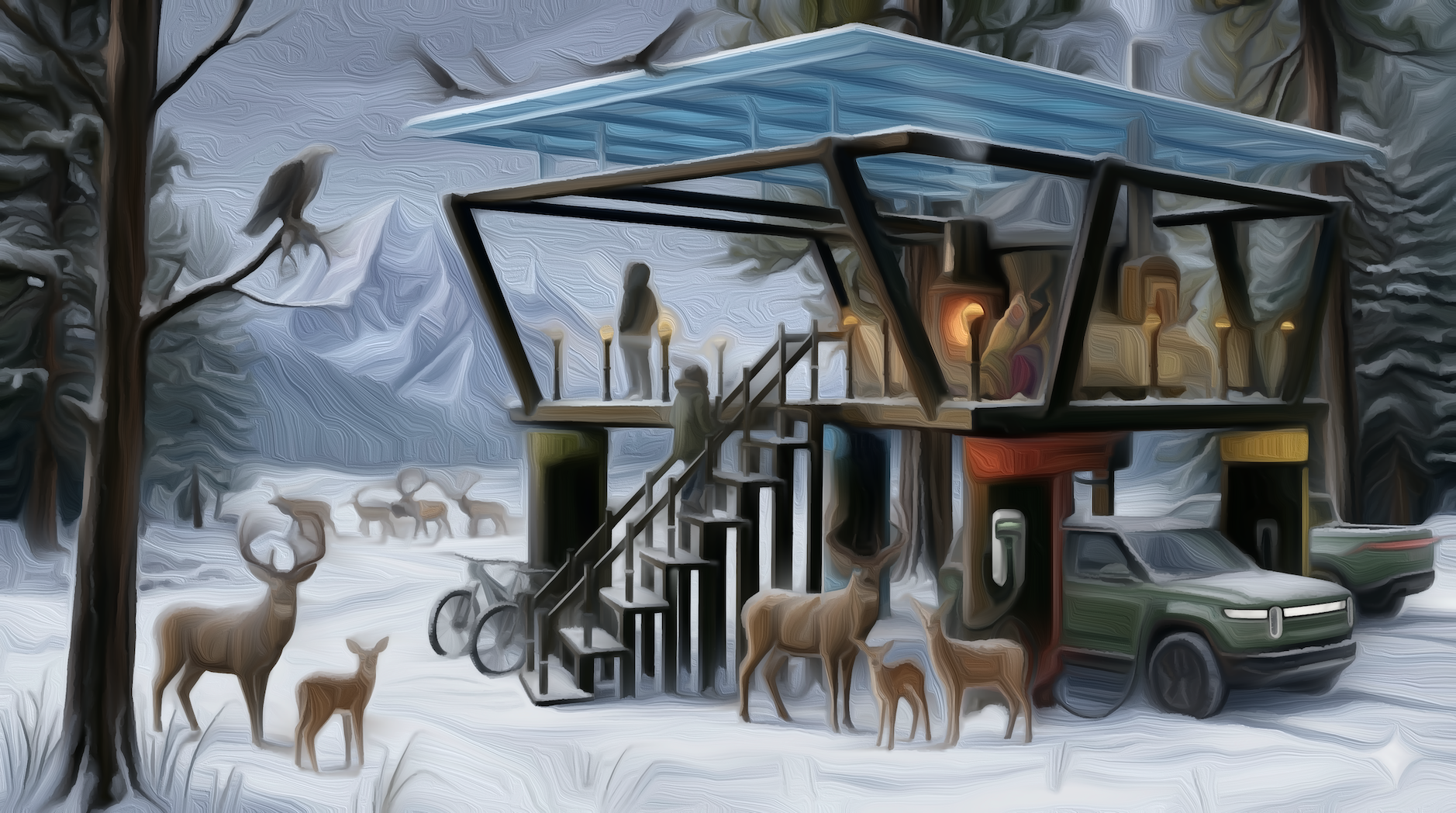 Solar Hut in first snow, deer herd, Rivian charging, winter, Bitterroot Mountains