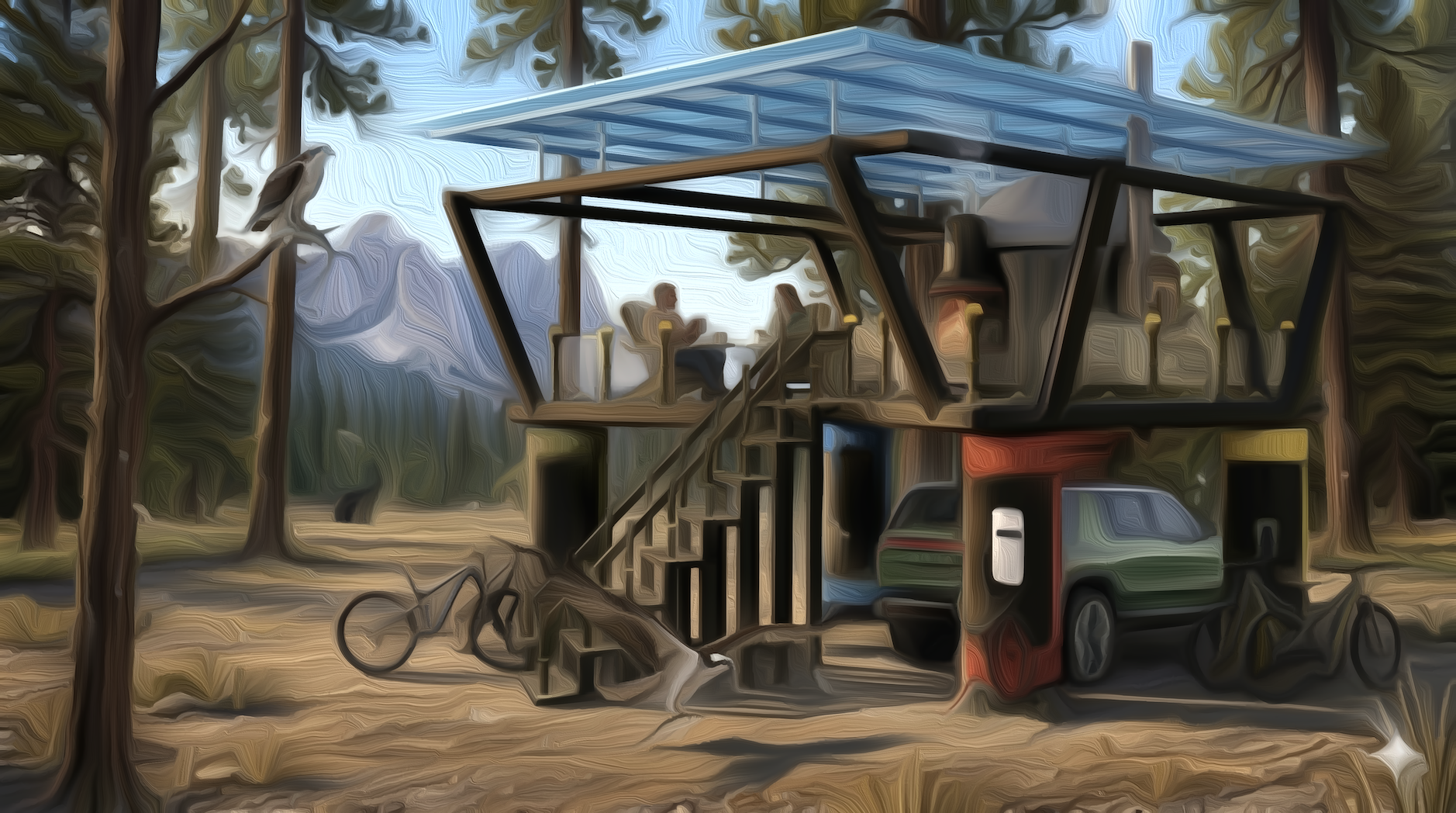 Solar Hut deck fireplace at sunset — this is where you rest