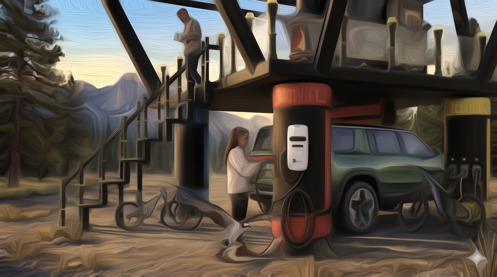 Solar Hut EV charging station, woman plugging in Rivian, man on stairs