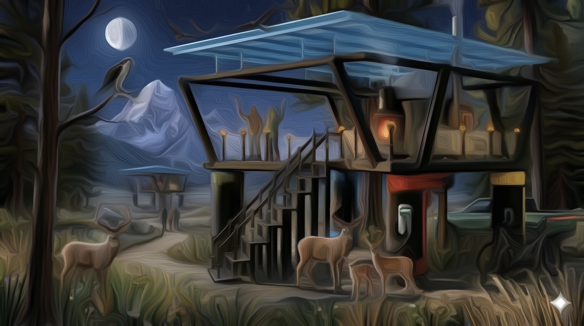 Solar Hut at night, moonlight, two Solar Huts visible, deer, fireplace glowing, fall