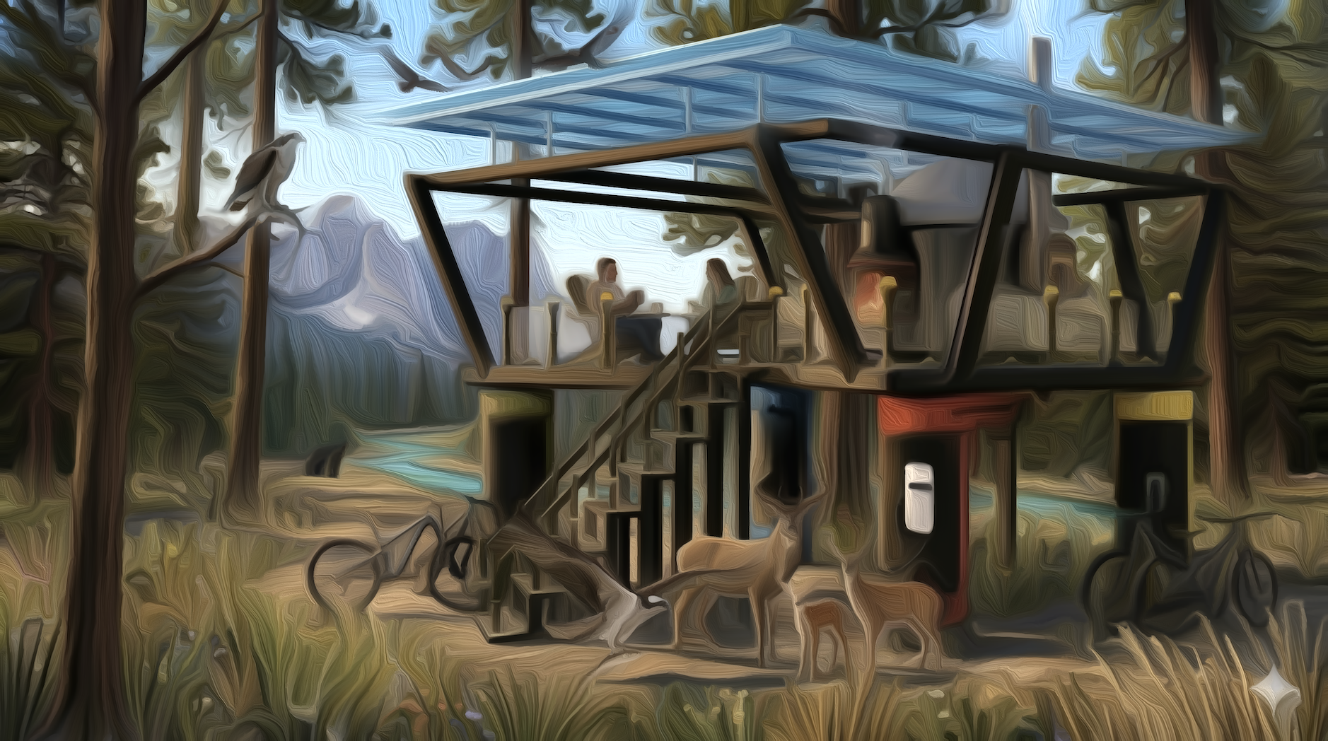 Solar Hut at creek, deer and bear in distance, two people on deck, late summer