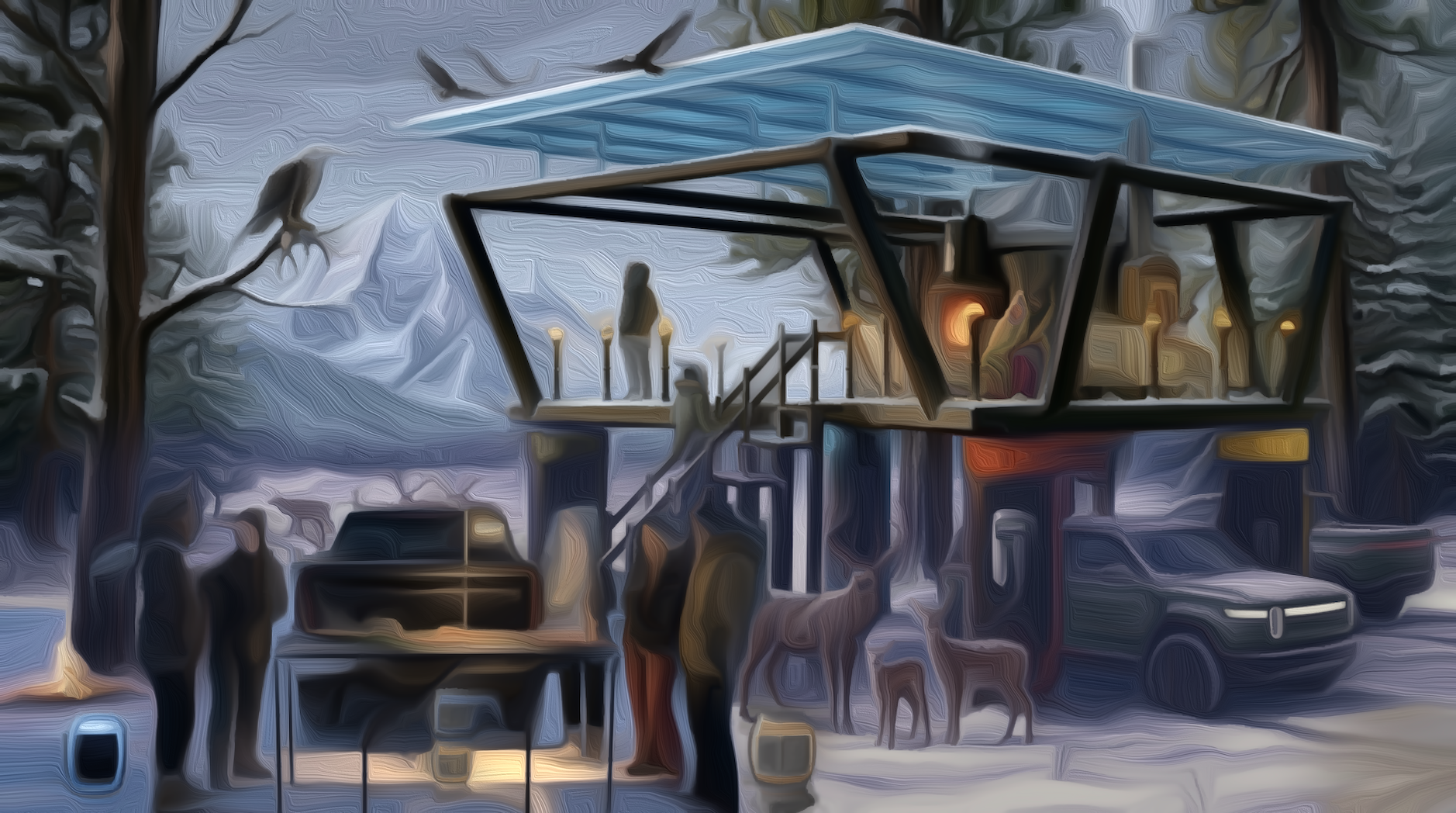 Solar Hut winter gathering with STUMP speakers around campfire