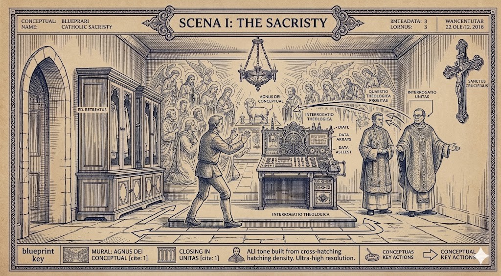 Scena I: The Sacristy — The priest and deacon face Ed in unison