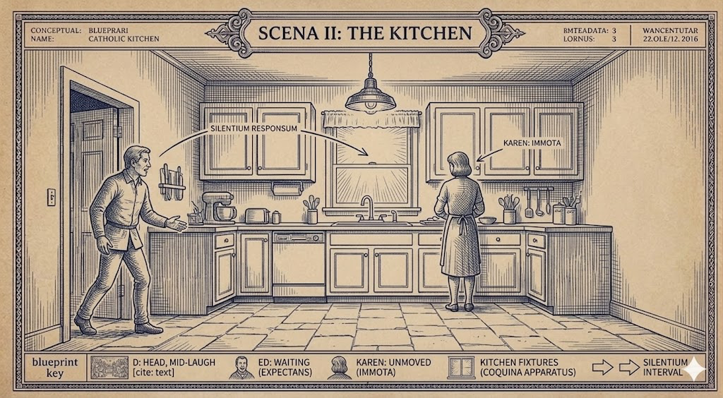 Scena II: The Kitchen — Karen stands at the counter, silent