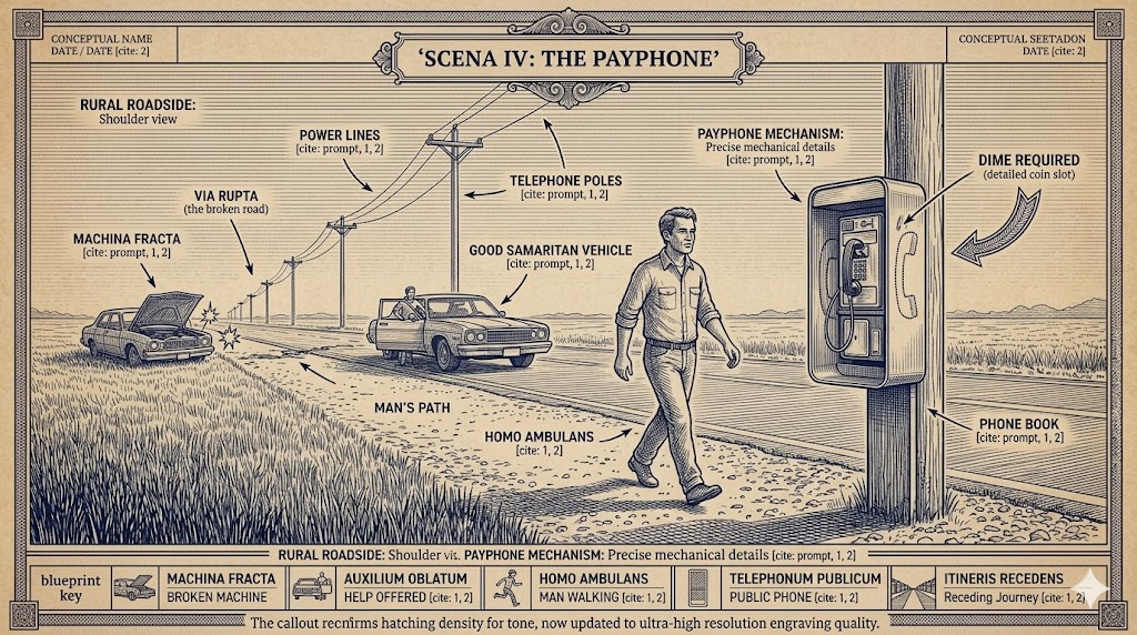Scena IV: The Payphone — A man walks toward a payphone on a rural roadside