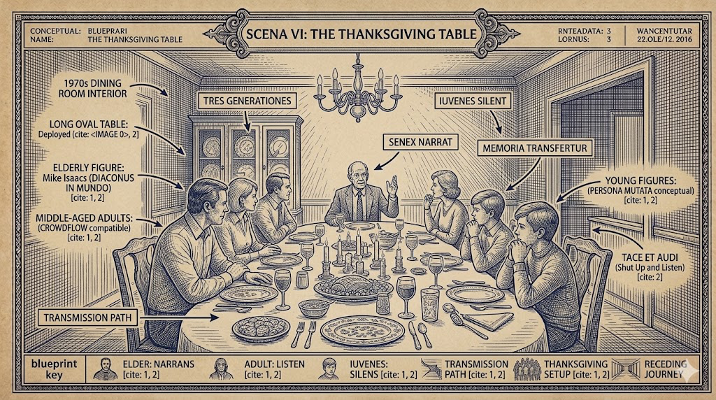 Scena VI: The Thanksgiving Table — Three generations, the elder speaks