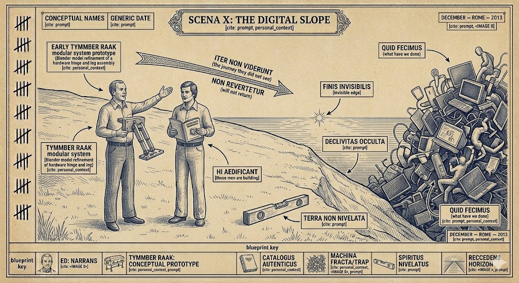 Scena X: The Digital Slope — Two men building, neither seeing the edge