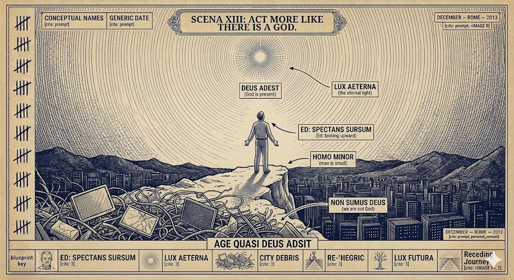 Scena XIII: Act More Like There Is a God — One figure, looking up, the light above infinite