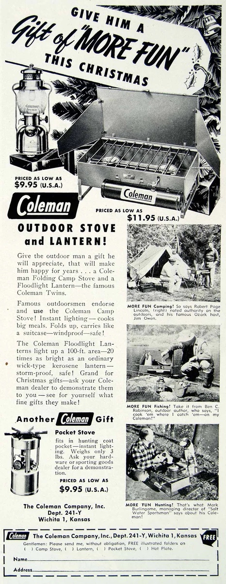 Coleman Christmas gift advertisement — Give him a gift of More Fun this stove and lantern