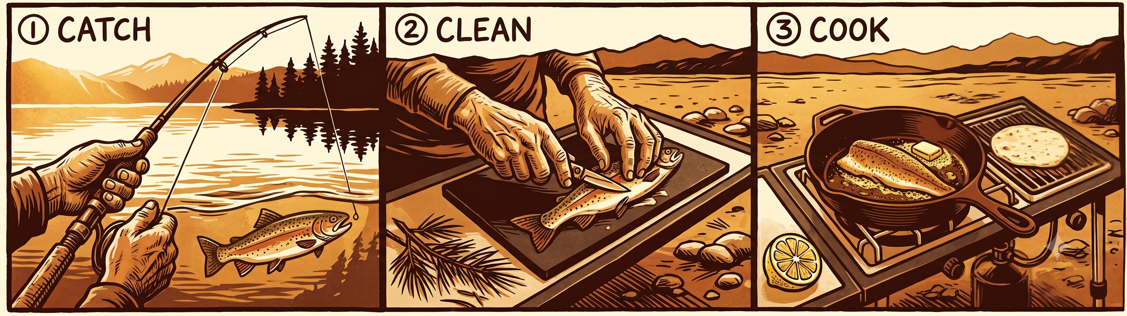 Catch · Clean · Cook — three panel illustration