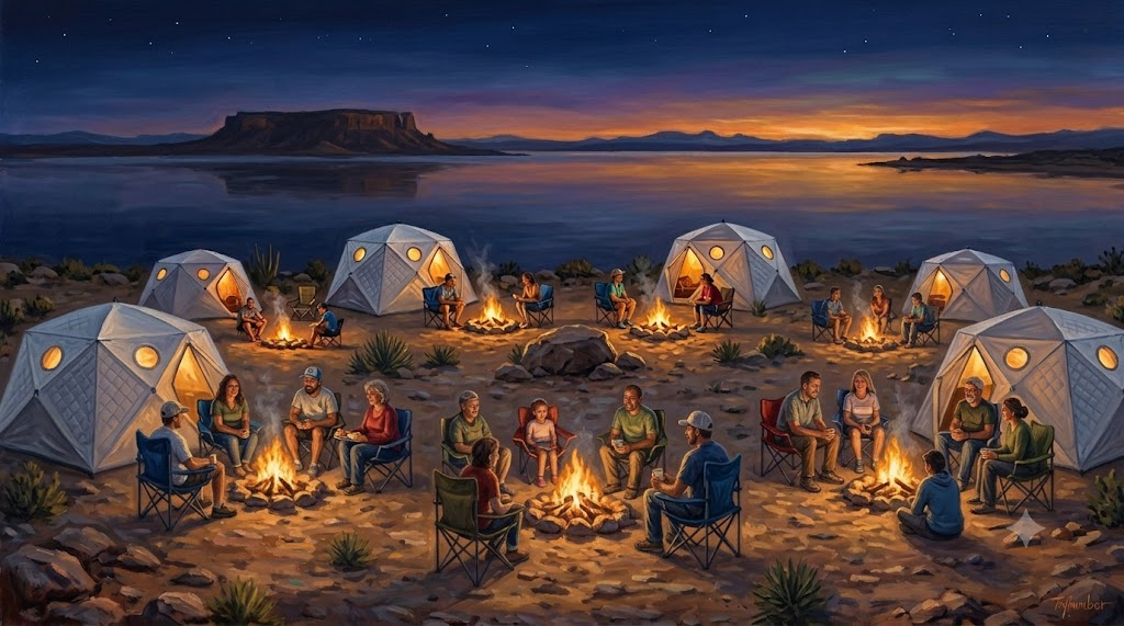 Night · SHIFTPOD Village · Campfires · Elephant Butte · Stars