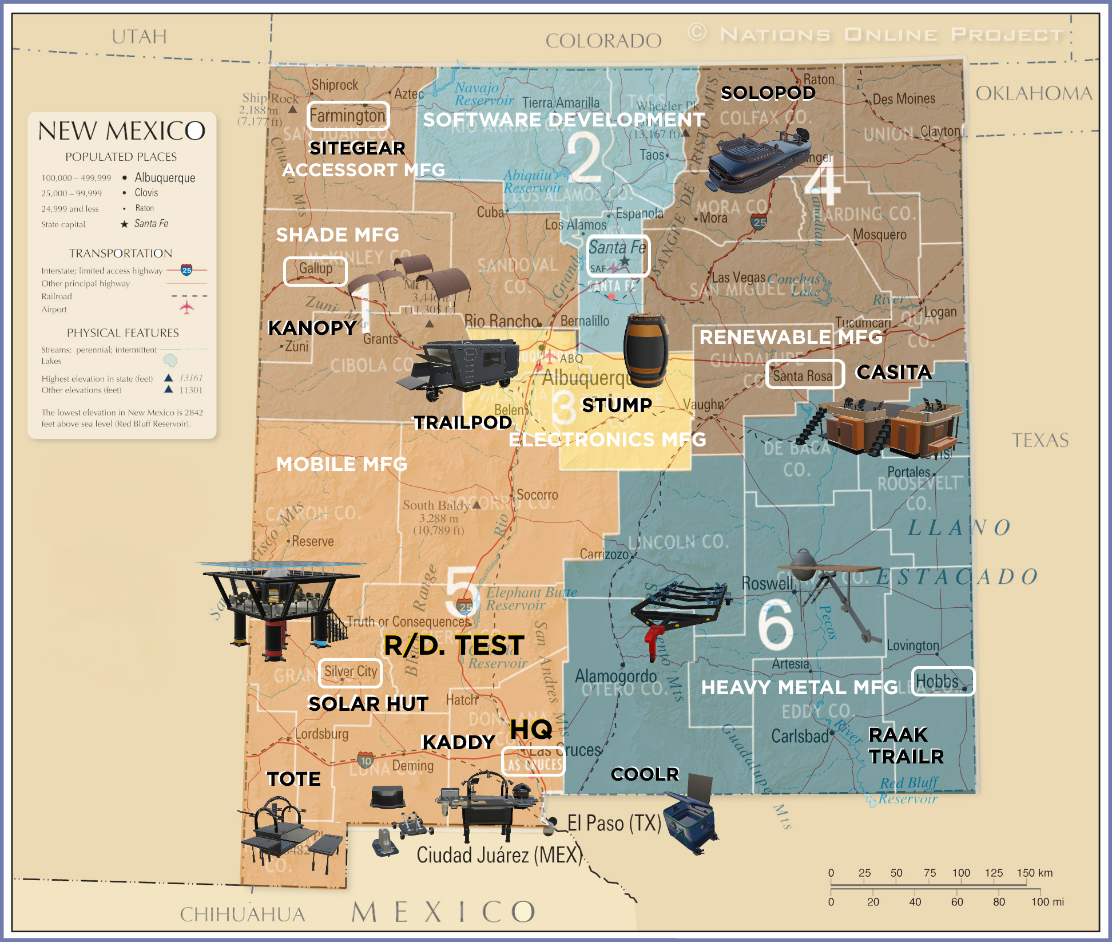 New Mexico six-zone outdoor recreation manufacturing overlay map, showing Tymmber product lines mapped to regional manufacturing strengths across the state.