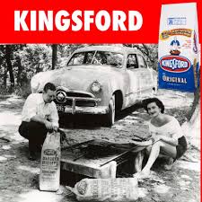 Kingsford couple grilling beside Ford automobile, 1950s